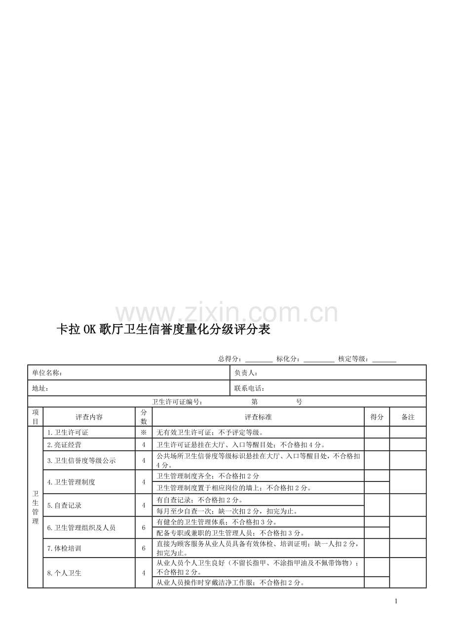 卡拉OK歌厅卫生信誉度量化分级评分表.doc_第1页