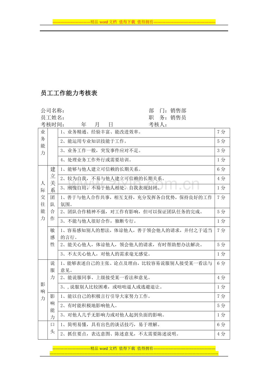 精-销售人员工作能力考核表..doc_第1页