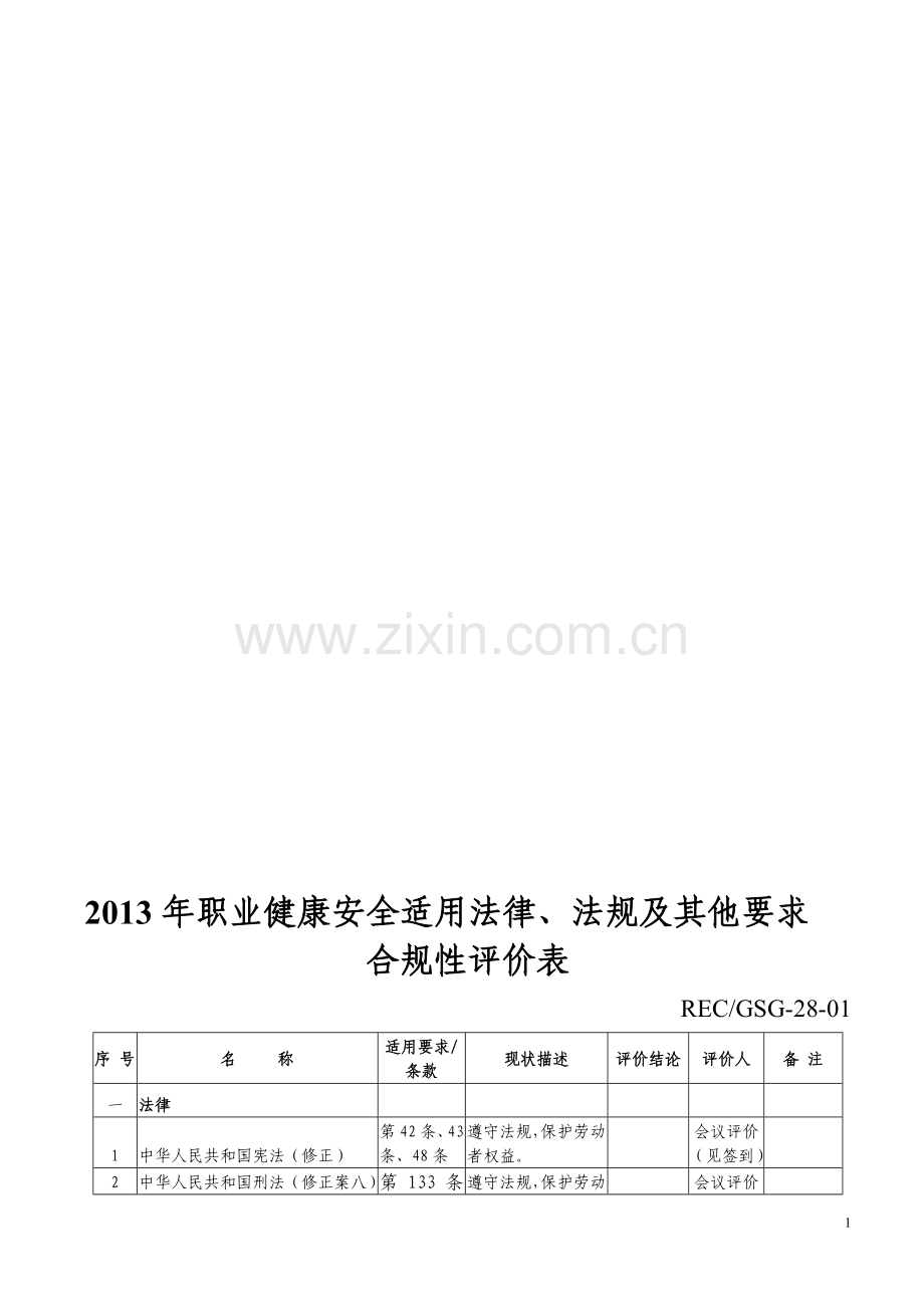 2013年职业健康安全合规性评价.doc_第1页