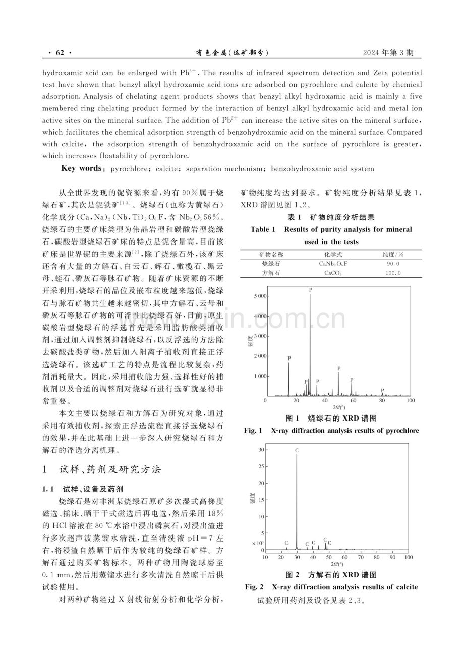 苯甲羟肟酸体系烧绿石与方解石分离及机理研究.pdf_第2页