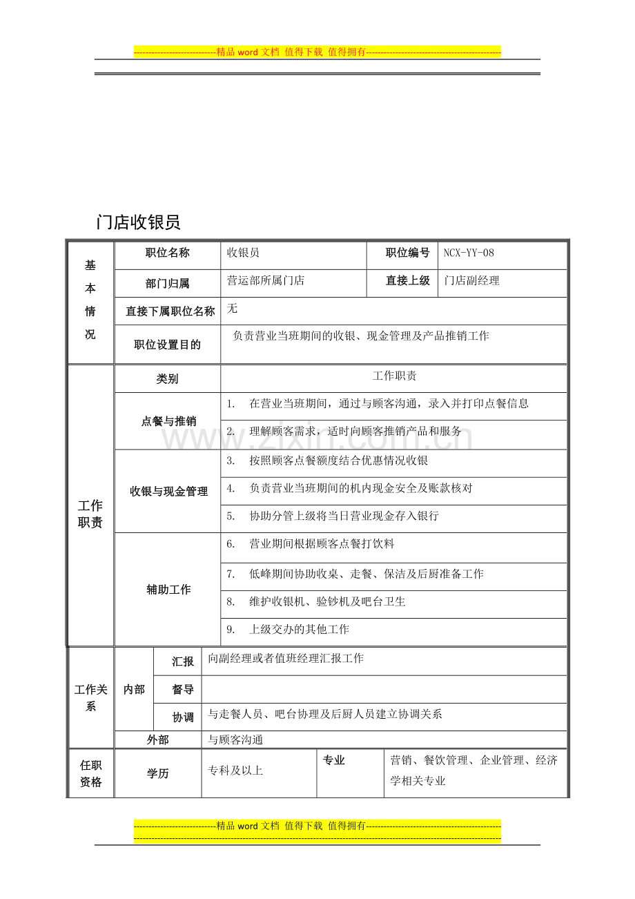 门店收银员岗位说明书1121luke.doc_第1页