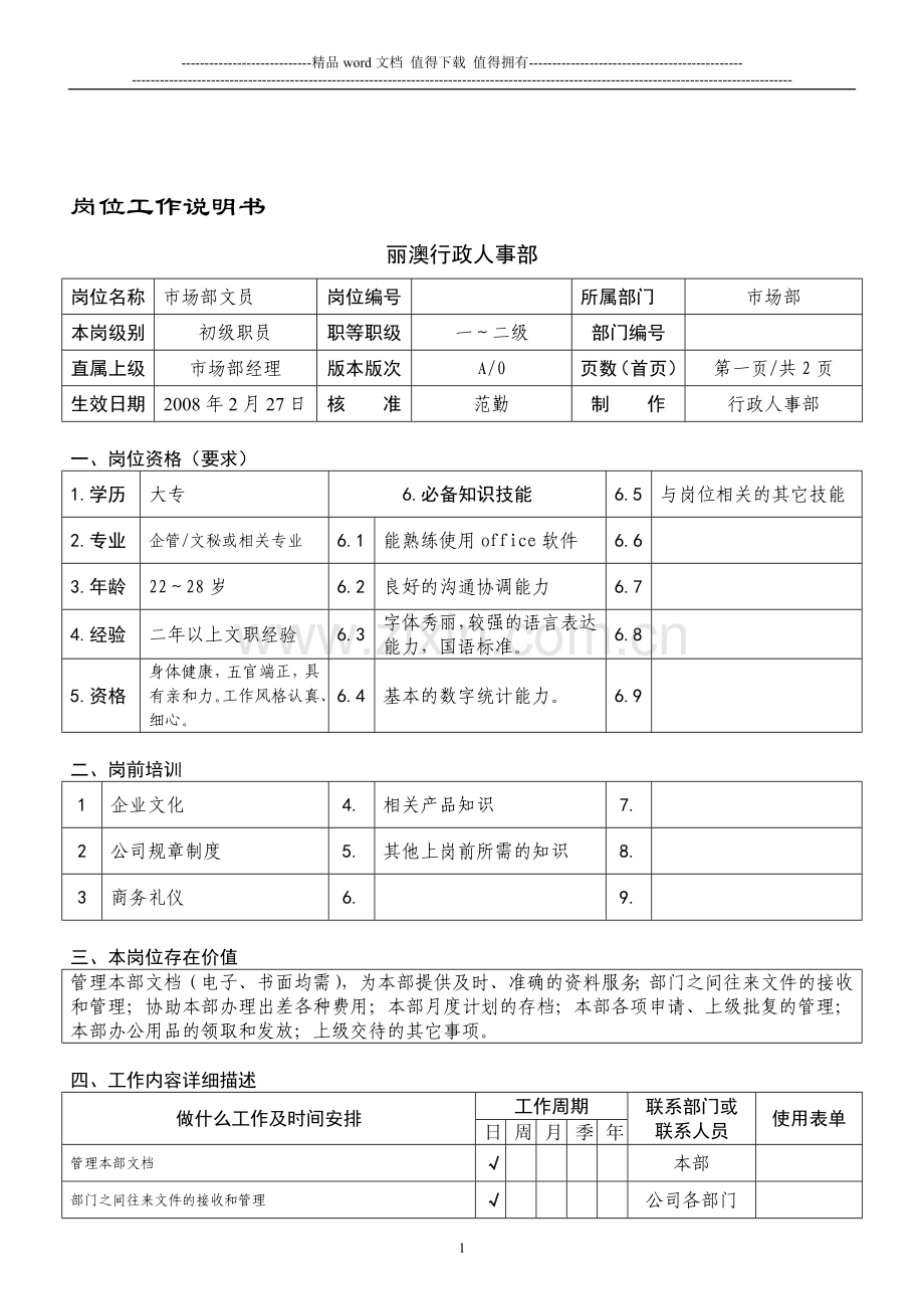 岗位工作说明书-市场部文员.doc_第1页