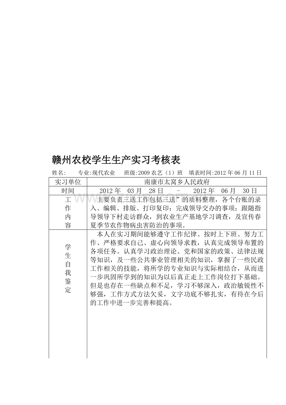 赣州农校学生生产实习考核表..doc_第1页