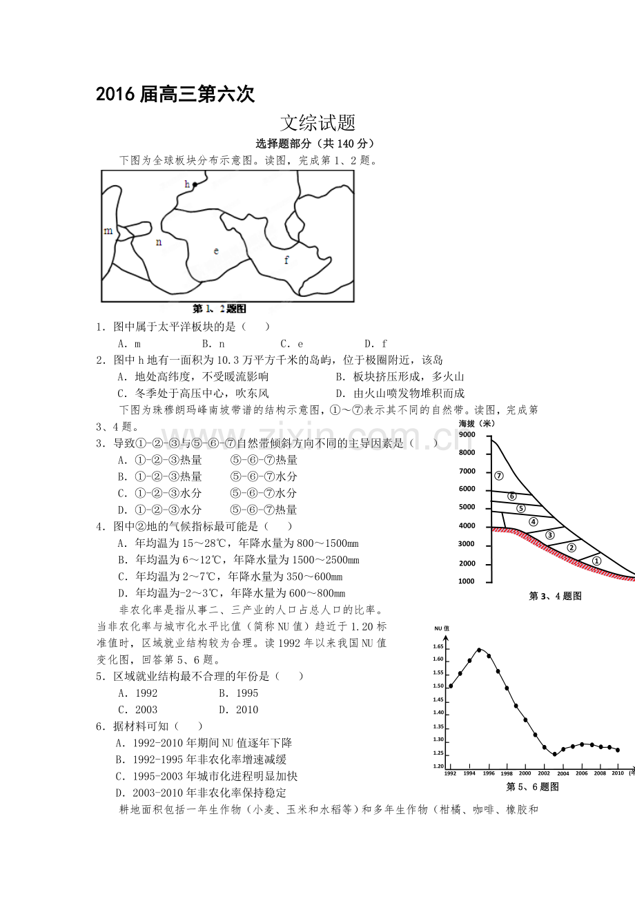 浙江省台州市2016届高三文综上册第六次评估检测题.doc_第1页