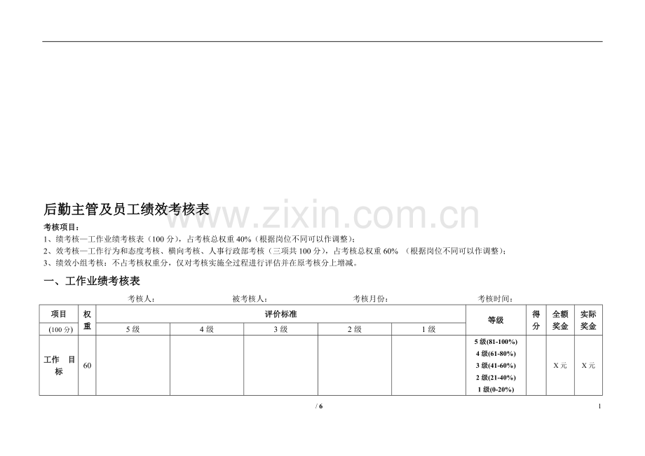 后勤主管及员工绩效考核表(空白)新.doc_第1页