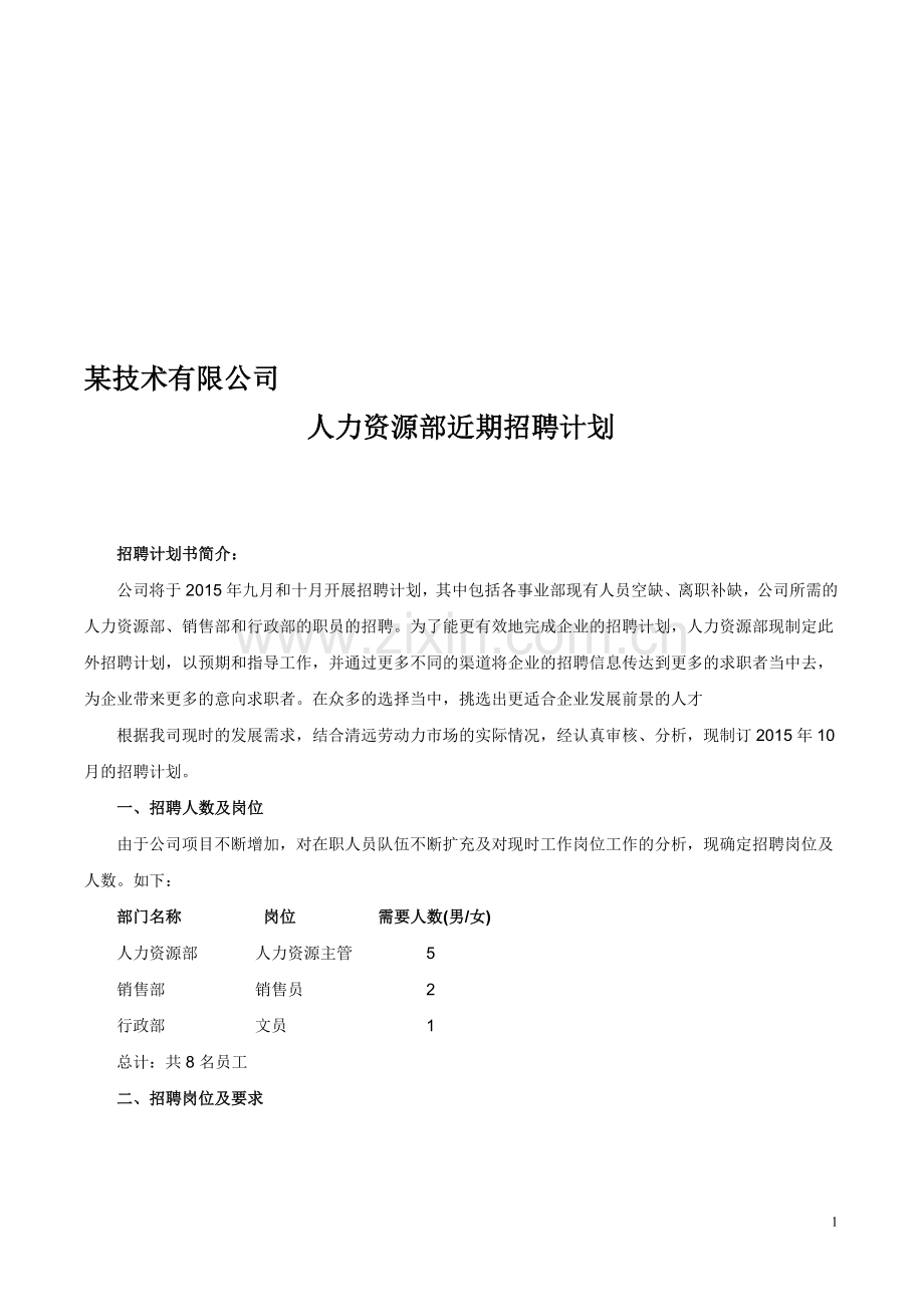 人力资源部招聘计划(详细版).doc_第1页