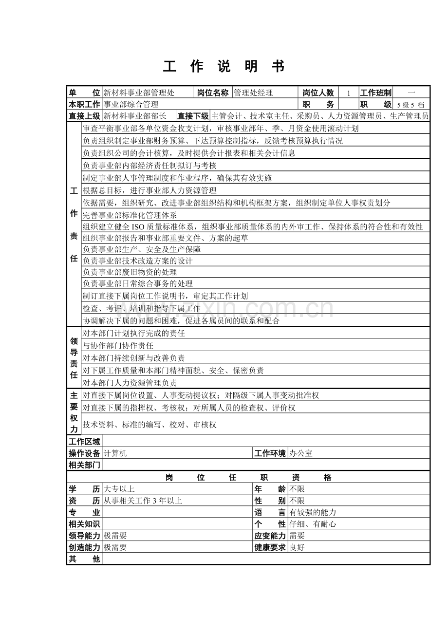 新材料事业部管理处工作说明书.doc_第1页