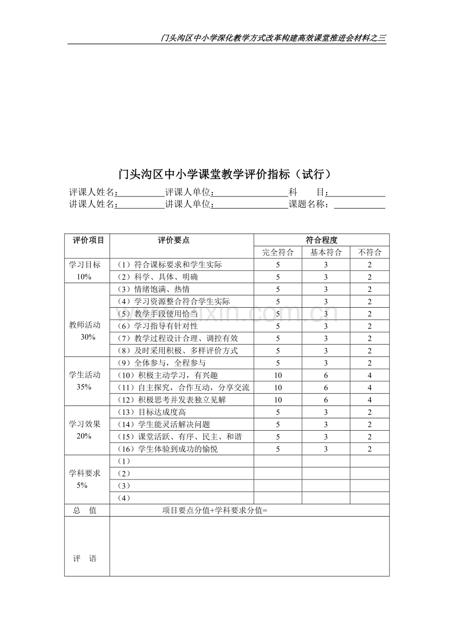 门头沟区中小学课堂教学评价指标(试行).doc_第1页