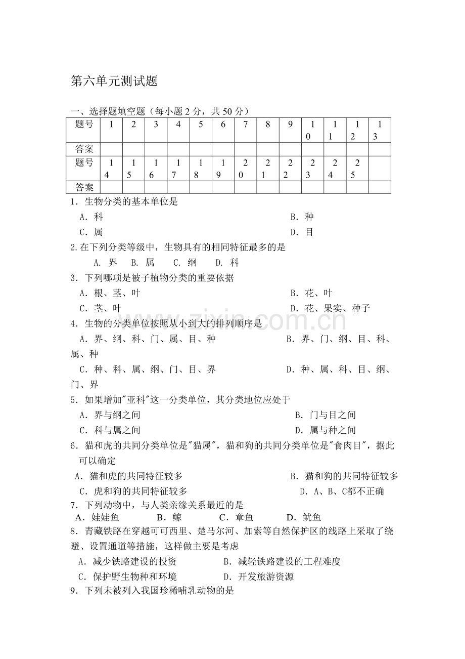 八年级生物上册第六单元测试题.doc_第1页