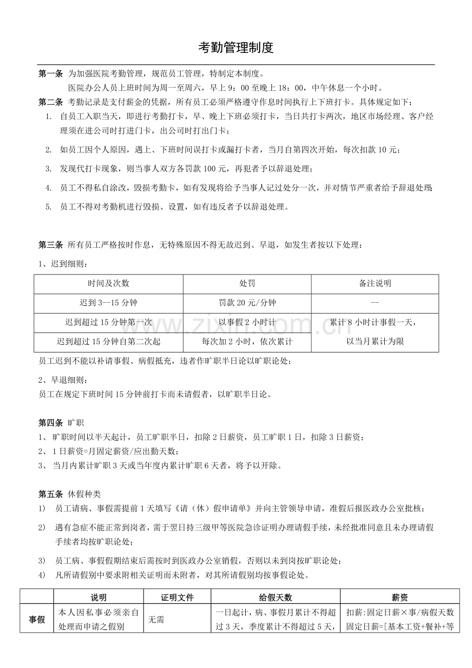 私立医院考勤管理制度.doc_第1页