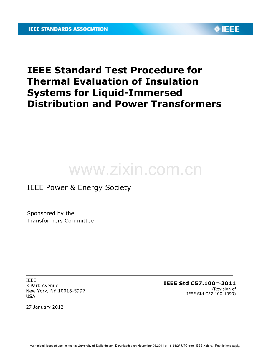 IEEE C57.100-2011 液浸式配电变压器和电力变压器绝缘系统热评估试验程序.pdf_第1页