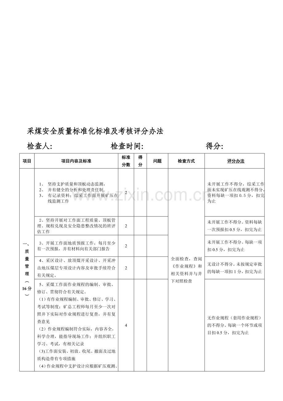 采煤安全质量标准化标准及考核评分办法..doc_第1页