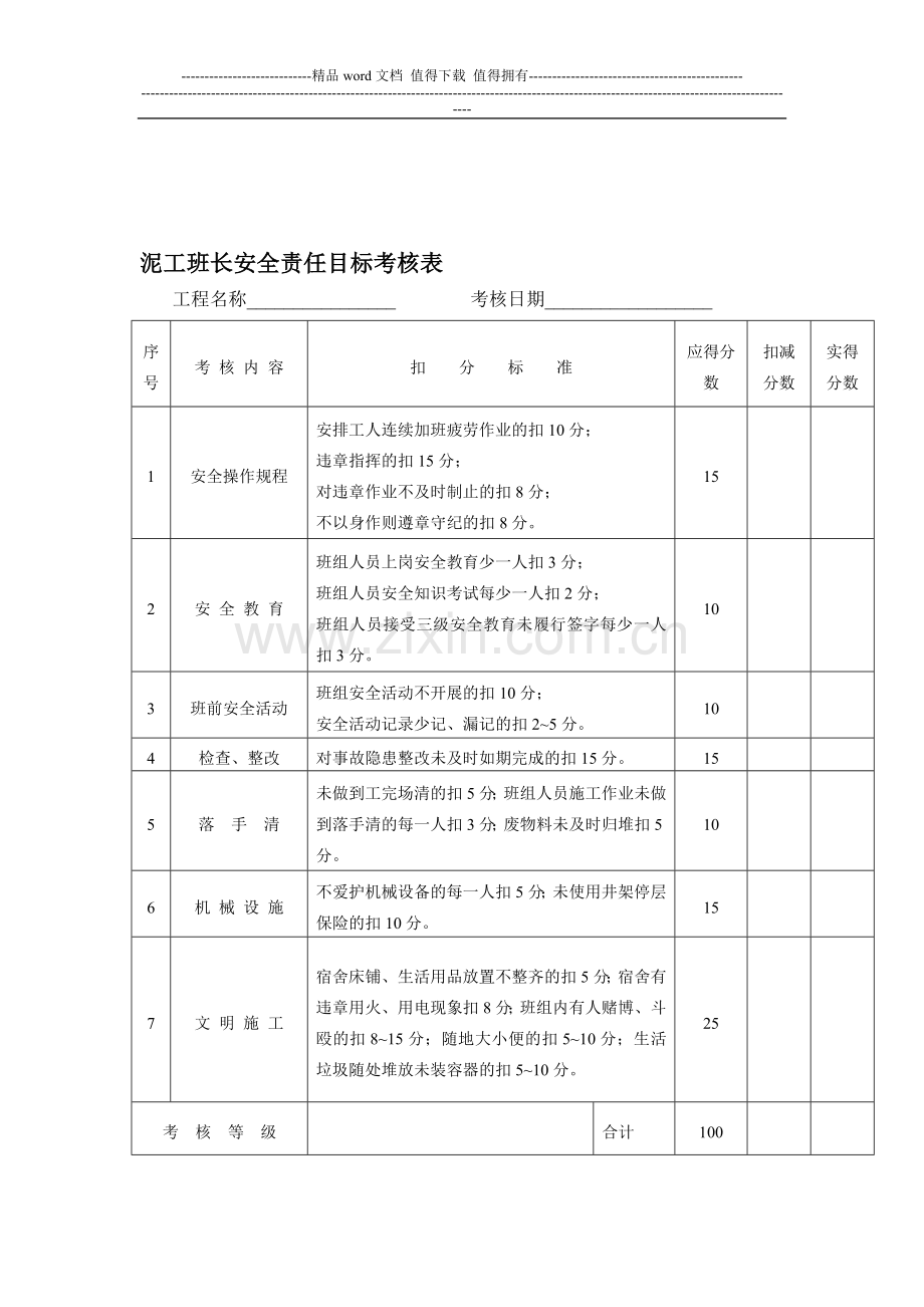 班长安全责任目标考核表..doc_第1页