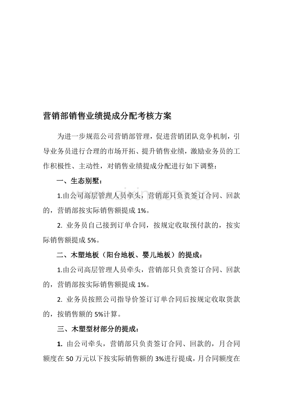 营销部销售业绩提成分配考核方案..doc_第1页