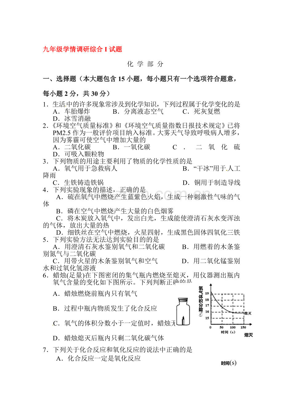 2016届九年级化学上册学情调研试题.doc_第1页