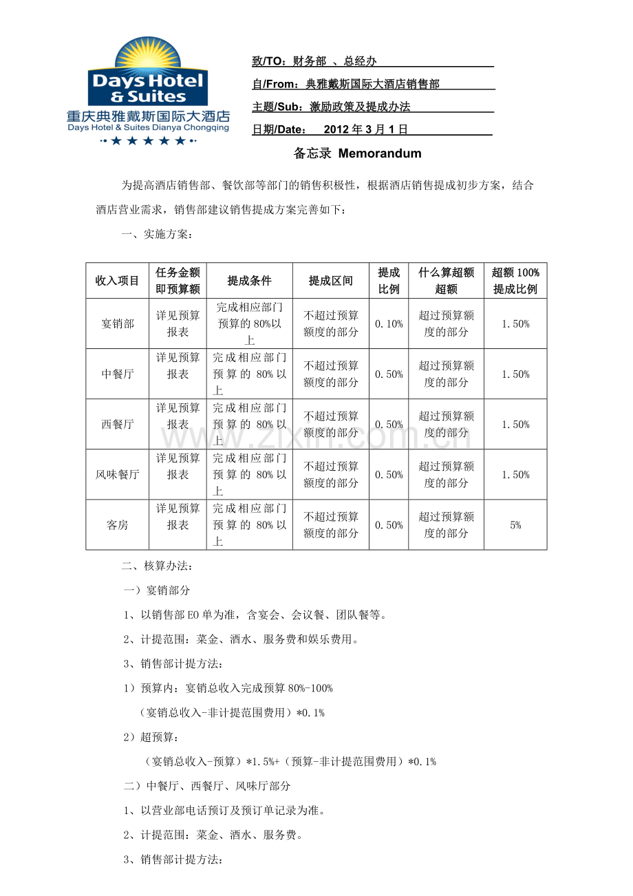 酒店销售部奖励提成方案.doc_第1页