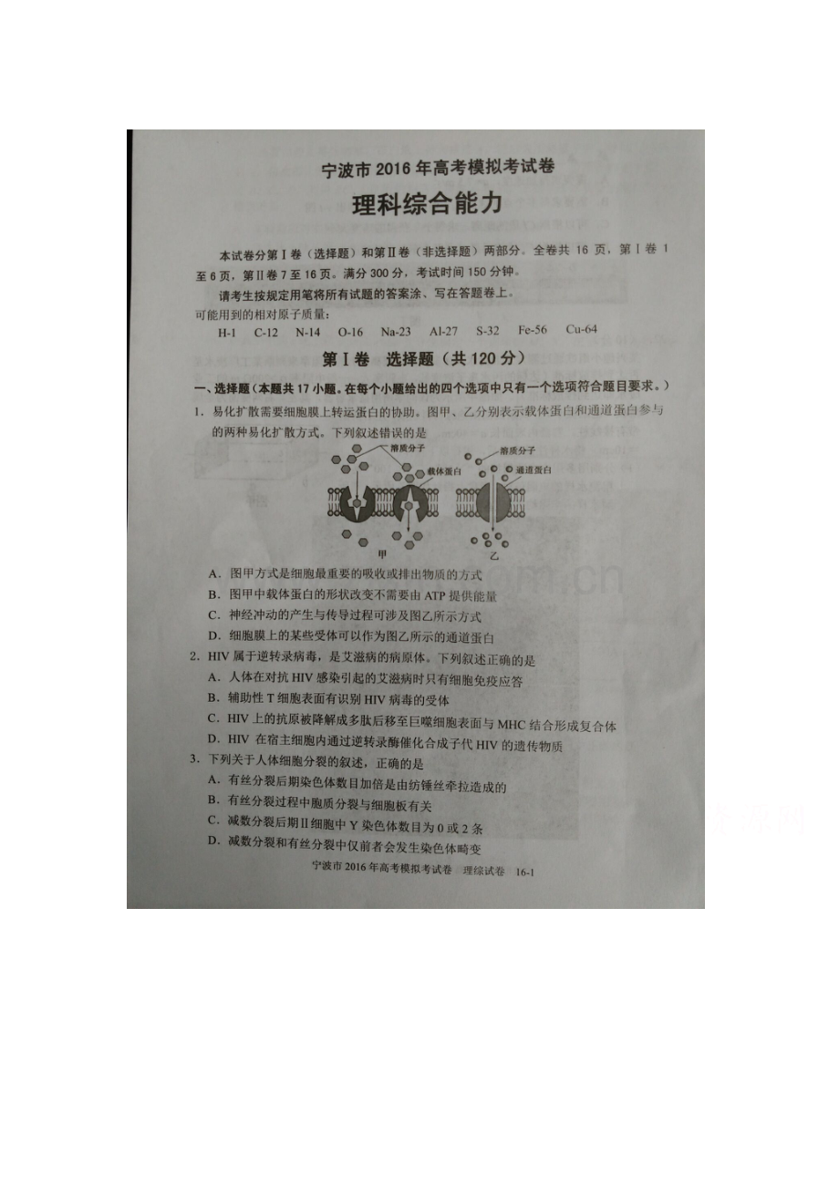 浙江省宁波市2016届高三生物下册第二次模拟检测题.doc_第1页