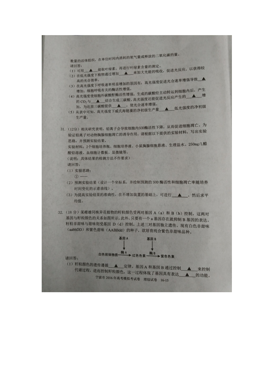 浙江省宁波市2016届高三生物下册第二次模拟检测题.doc_第3页