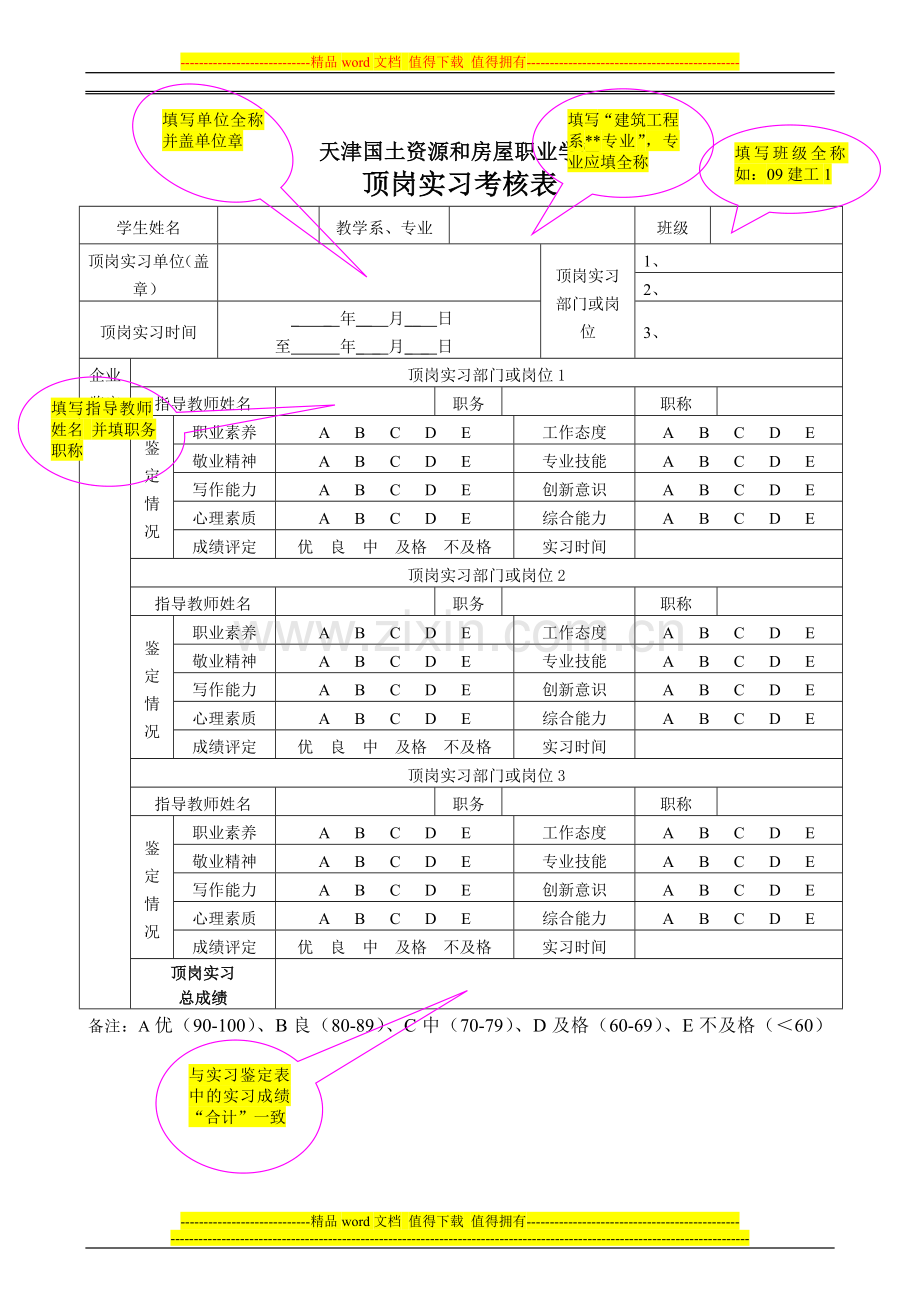 29顶岗实习考核表与成绩汇总表(填写说明)..doc_第1页