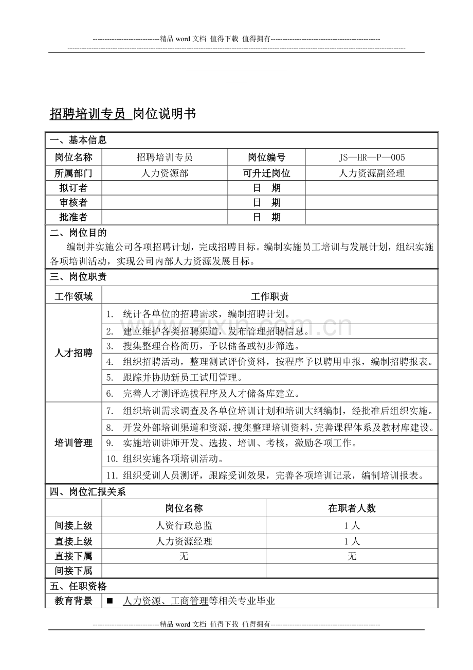 2.招聘培训专员岗位说明书.doc_第1页