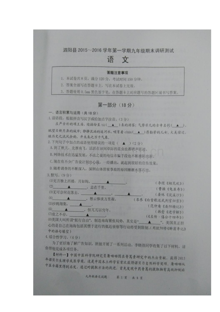 江苏省泗阳县2016届九年级语文上册期末试题.doc_第2页