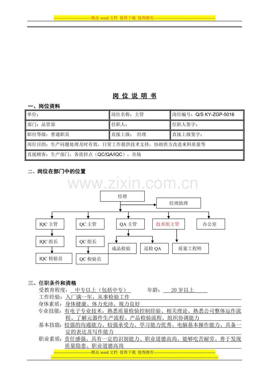 品管部主管岗位说明书.doc_第1页