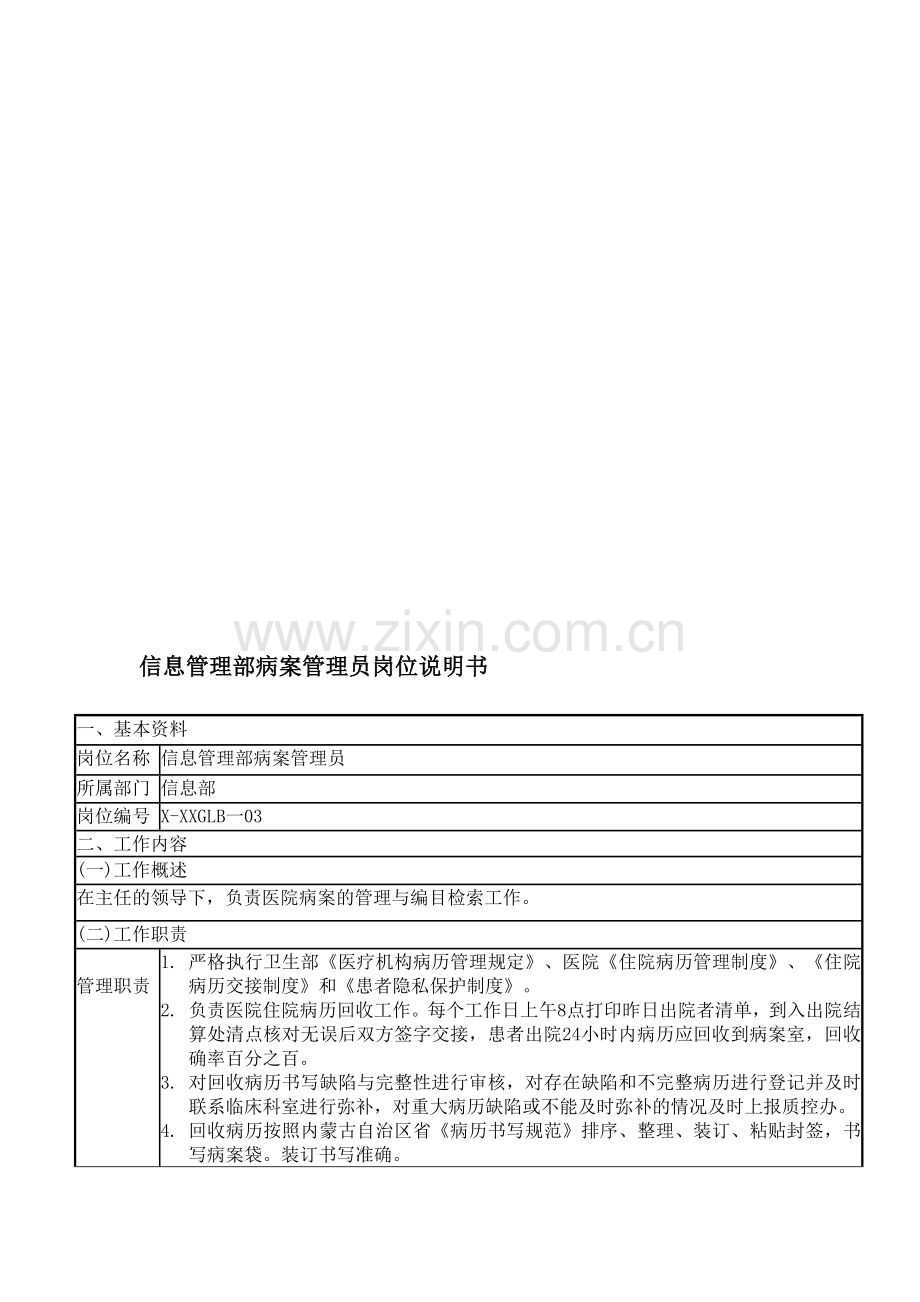 医院信息管理部病案管理员岗位说明书.doc_第1页