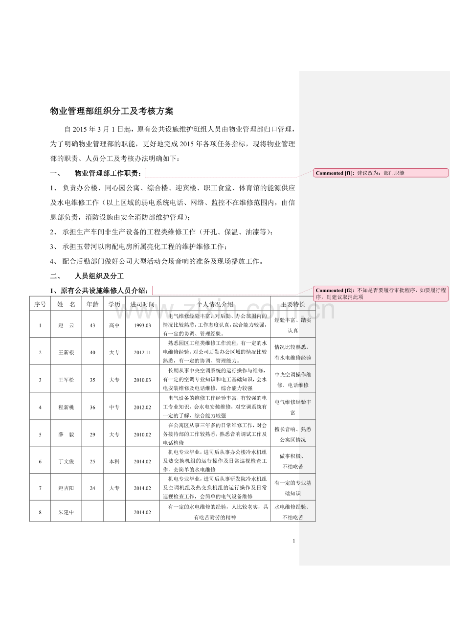 物业管理部组织分工方案.doc_第1页