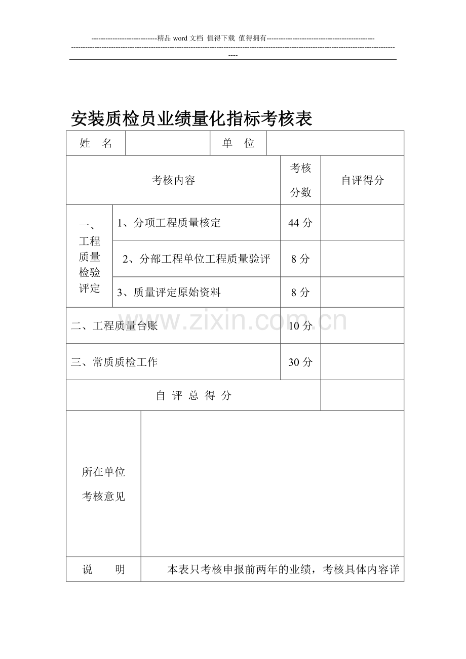 安装五大员业绩量化指标考核表..doc_第1页