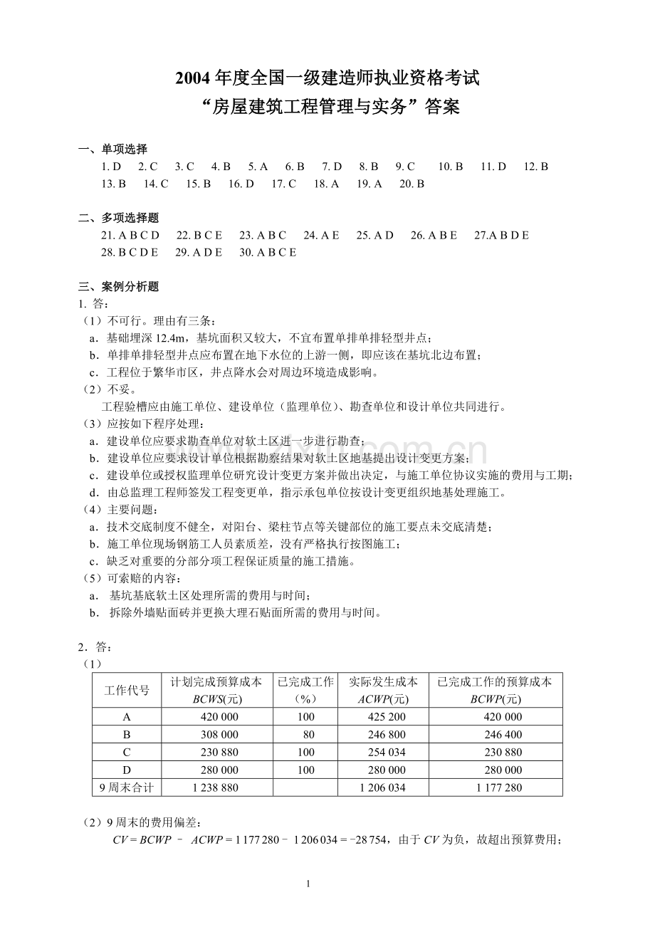 2004年一级《房屋建筑工程管理与实务》答案.doc_第1页