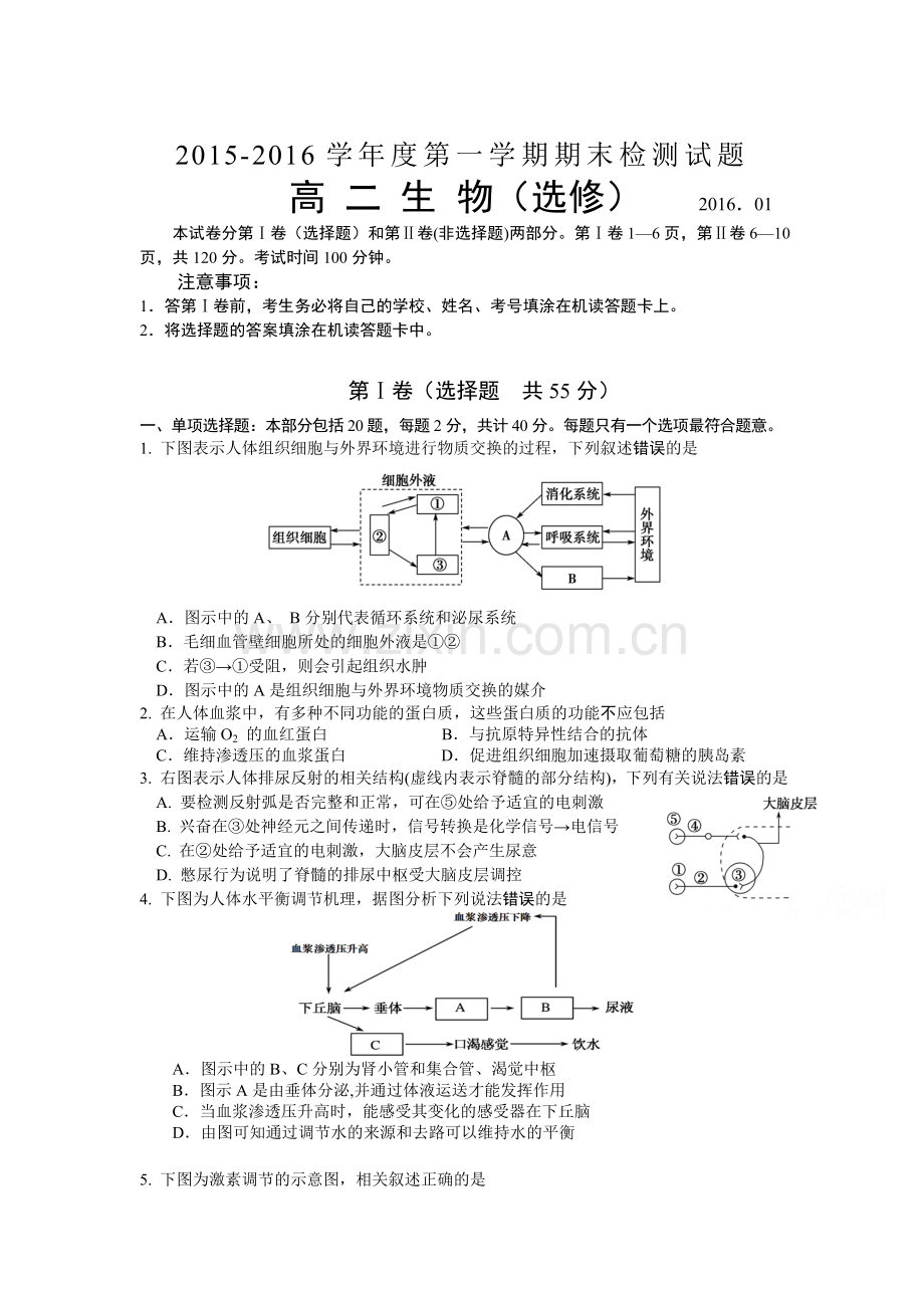 江苏省扬州中学2015-2016学年高二生物上册期末测试题2.doc_第1页