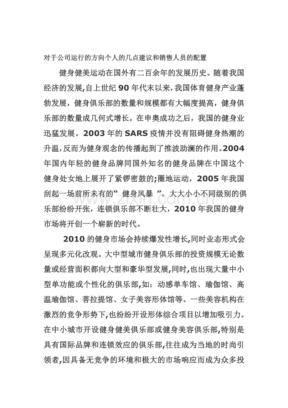 对于公司运行的方向个人的几点建议和销售人员的配置.doc_第1页