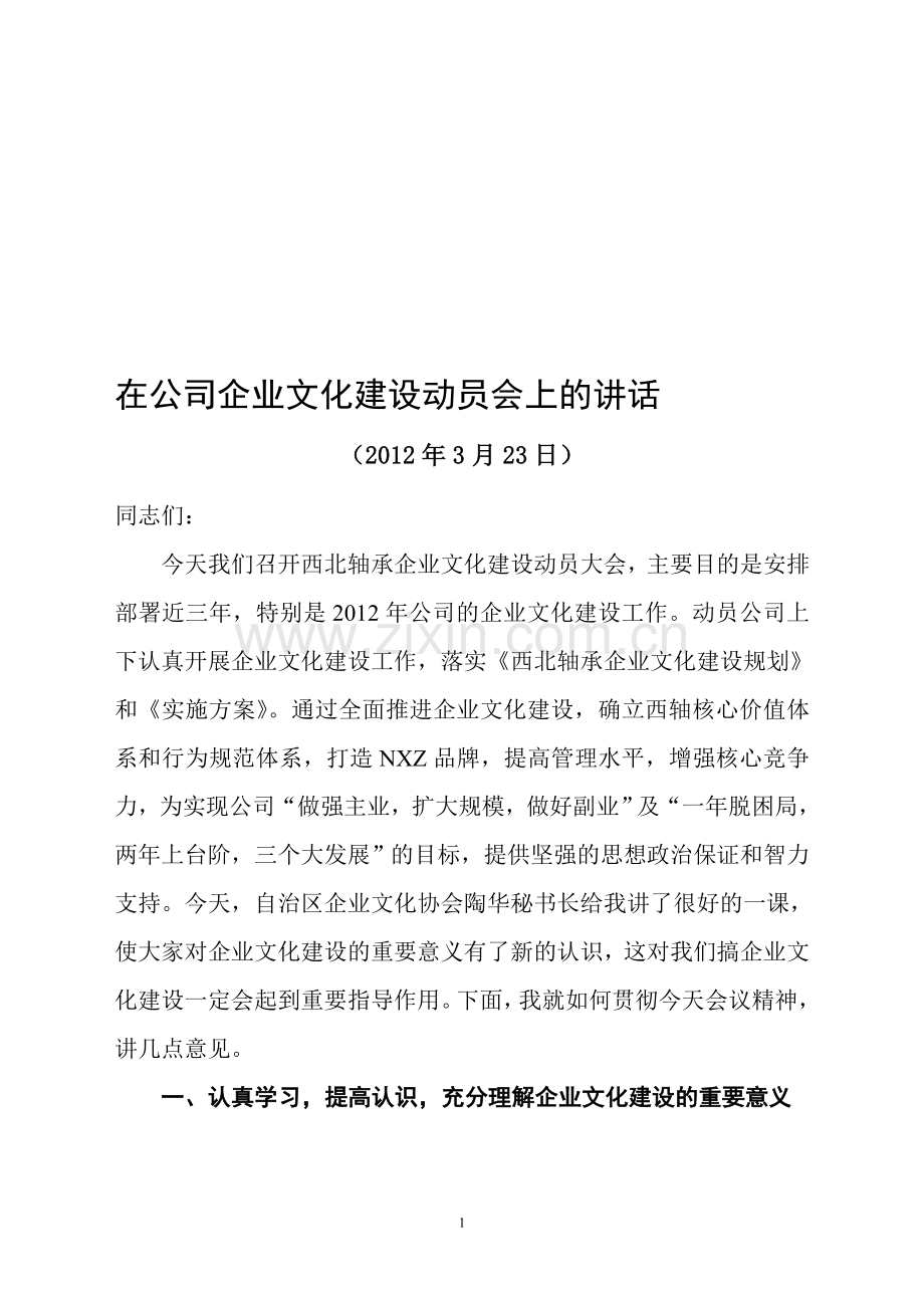 在公司企业文化建设动员会上的讲话.doc_第1页