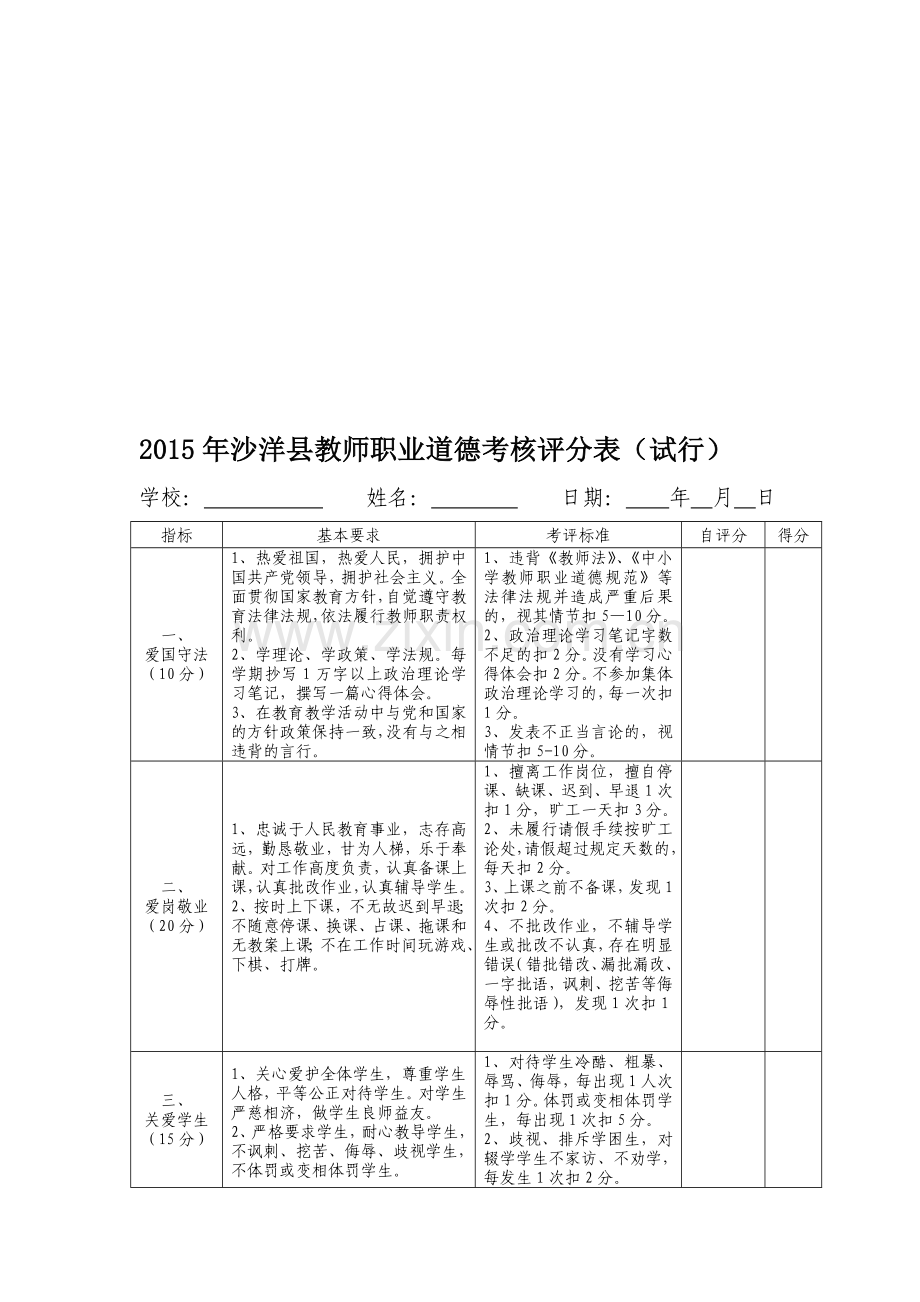 沙洋县教师职业道德考核评分表(2015修订)..doc_第1页