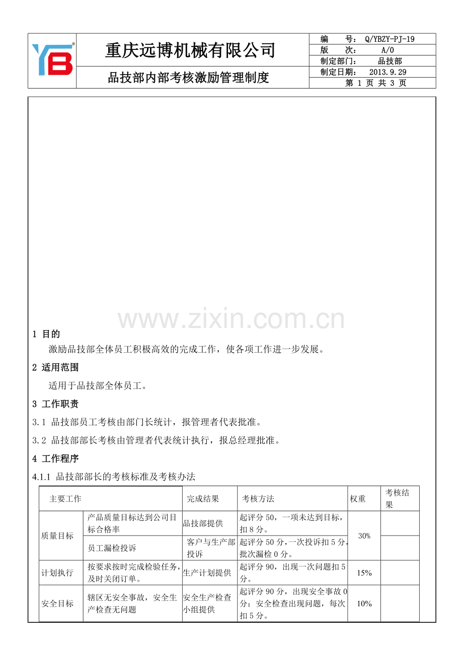 品质部内部考核激励管理制度.doc_第1页