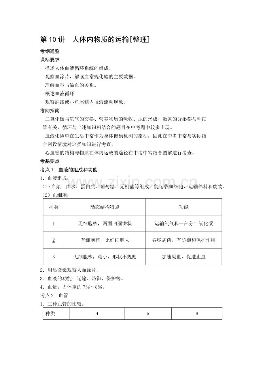 八年级生物人体内物质的运输复习题.doc_第1页