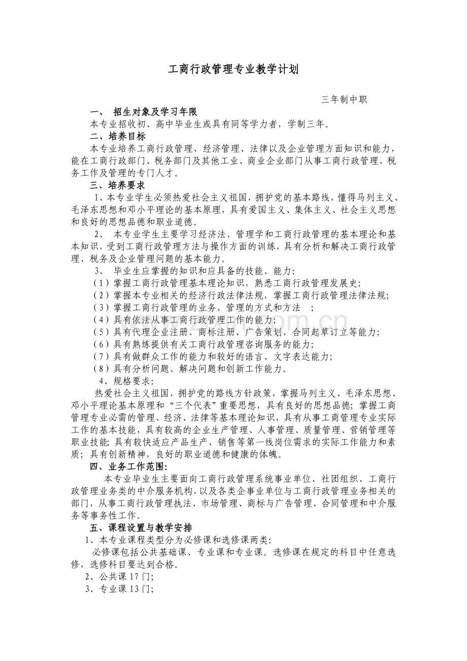 工商行政管理专业教学计划.doc_第1页