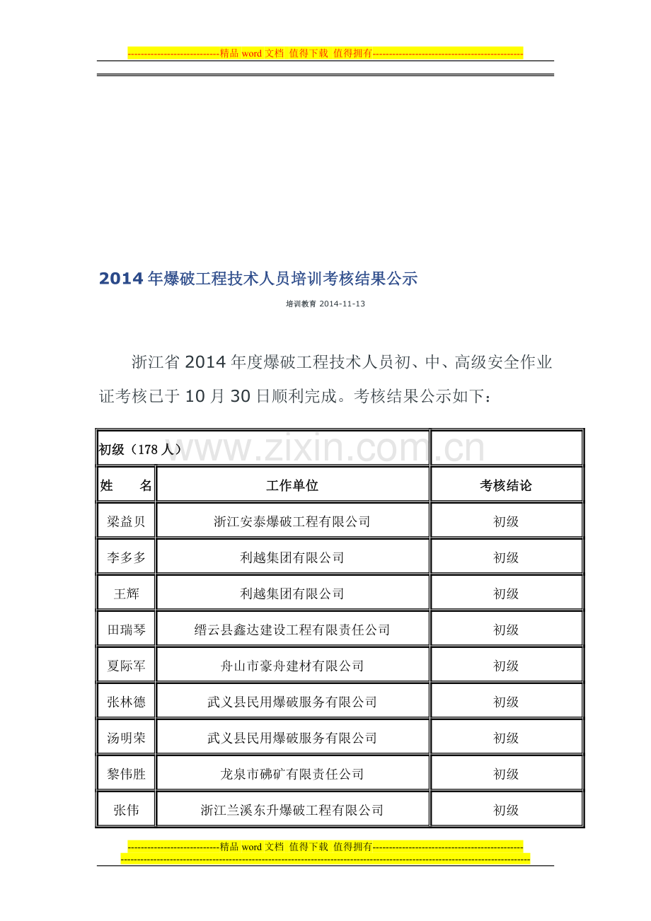 2014年爆破工程技术人员培训考核结果公示..doc_第1页