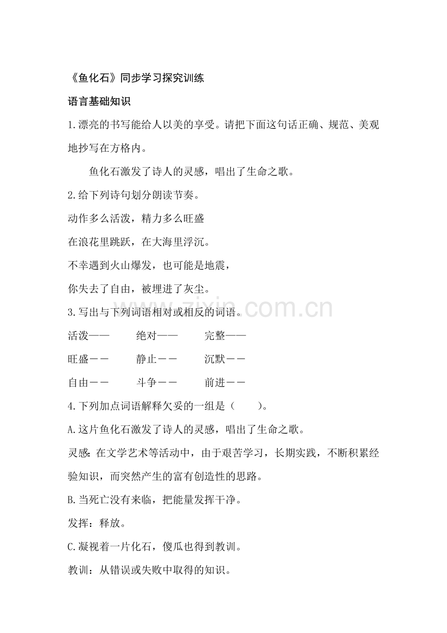 七年级语文鱼化石同步测试题.doc_第1页