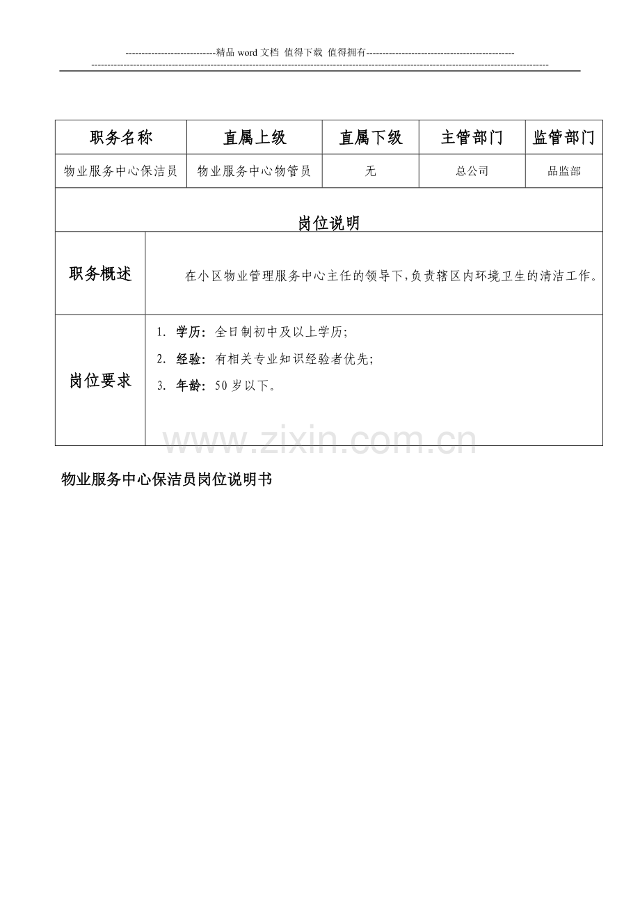 物业公司保洁员岗位说明书.doc_第1页