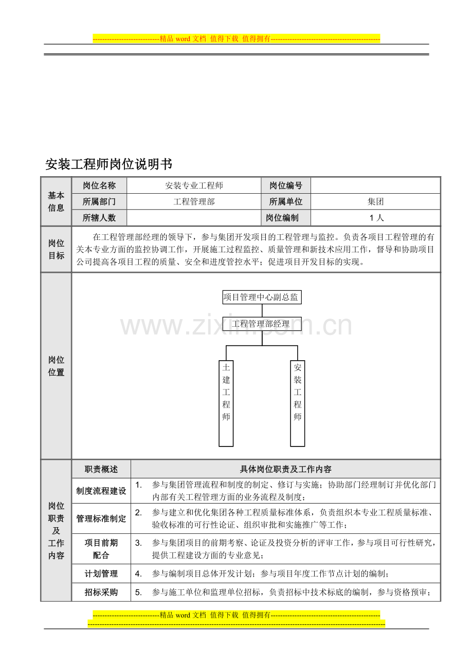 安装工程师岗位说明书新.doc_第1页