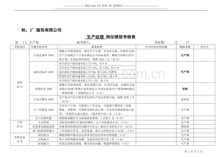 生产经理月度绩效考核表..doc_第1页