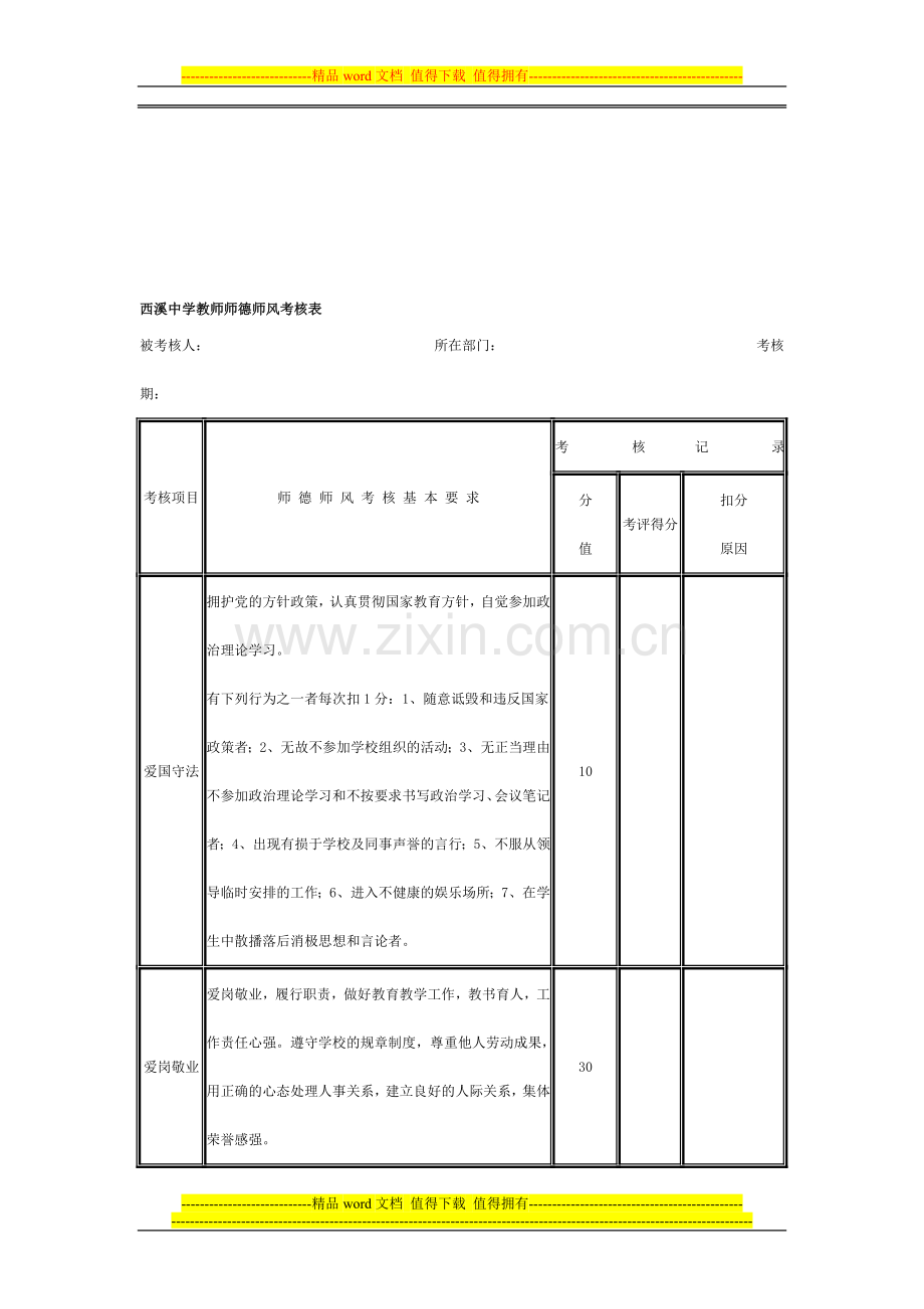 西溪中学教师师德师风考核表..doc_第1页