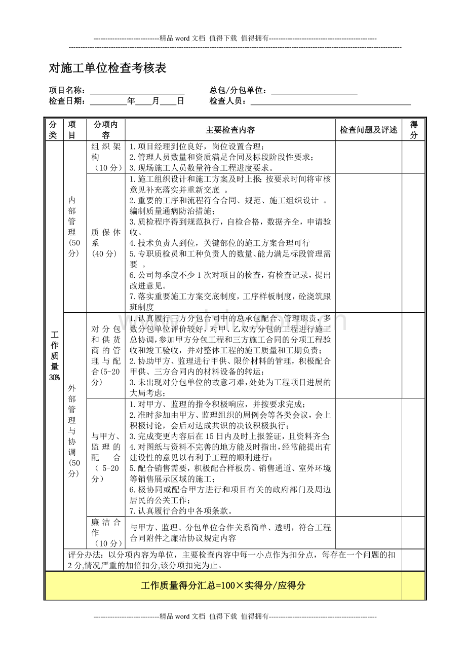 对施工单位检查考核表..doc_第1页