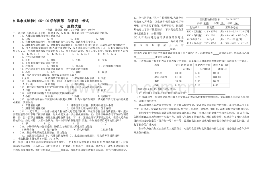 初一生物下学期复习题.doc_第1页