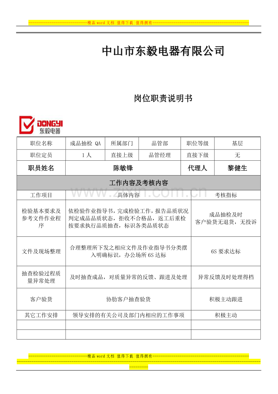 岗位职责说明书(品管部成品抽检QA).doc_第1页