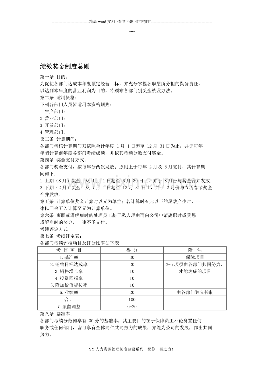 YY人力资源管理制度建设系列-绩效奖金制度总则.doc_第1页