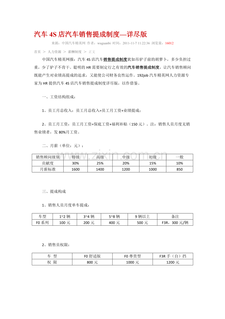 汽车4S店汽车销售提成制度.doc_第1页