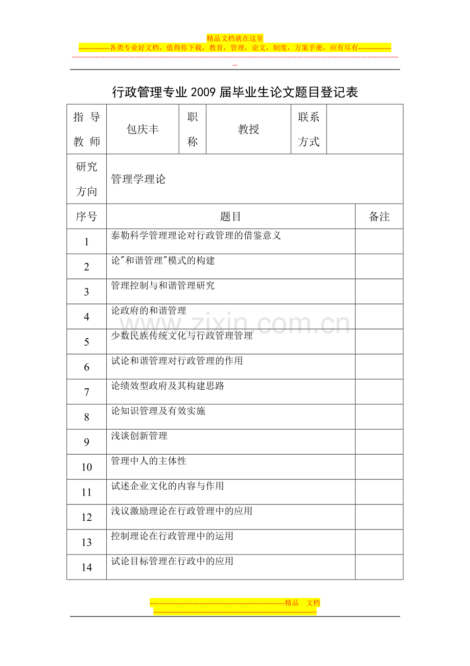 行政管理专业2009届毕业生论文题目登记表.doc_第1页