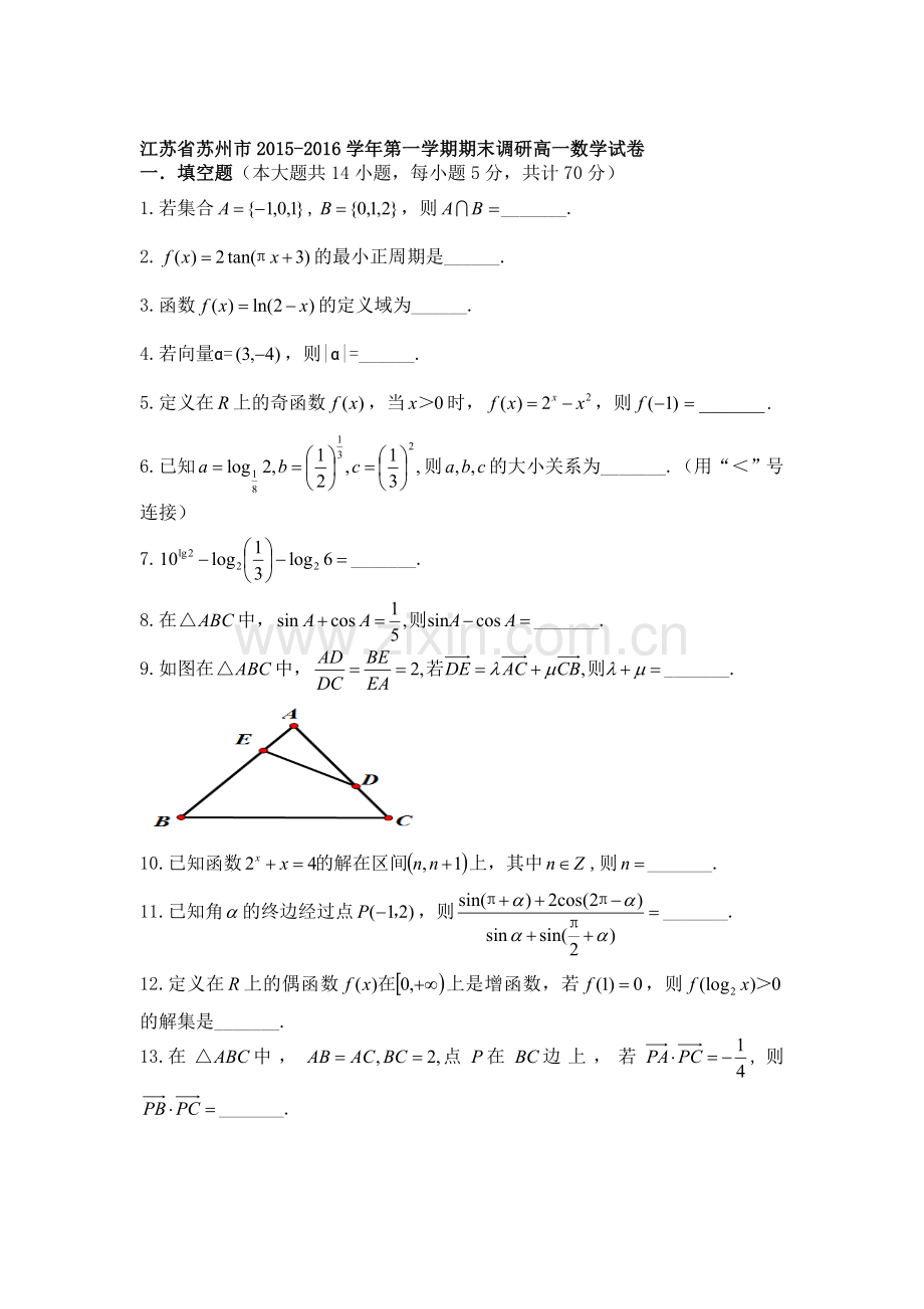 江苏省苏州市2015-2016学年高一数学上册期末试题.doc_第1页